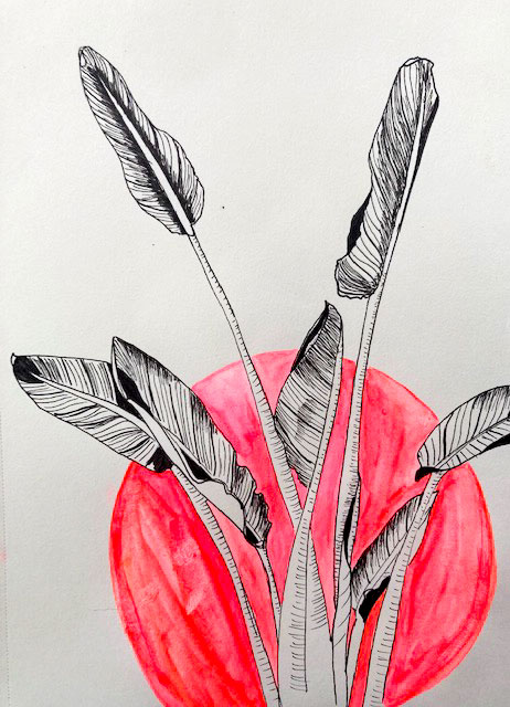 Oiseaux de paradis au stylo noir et aquarelle fluo